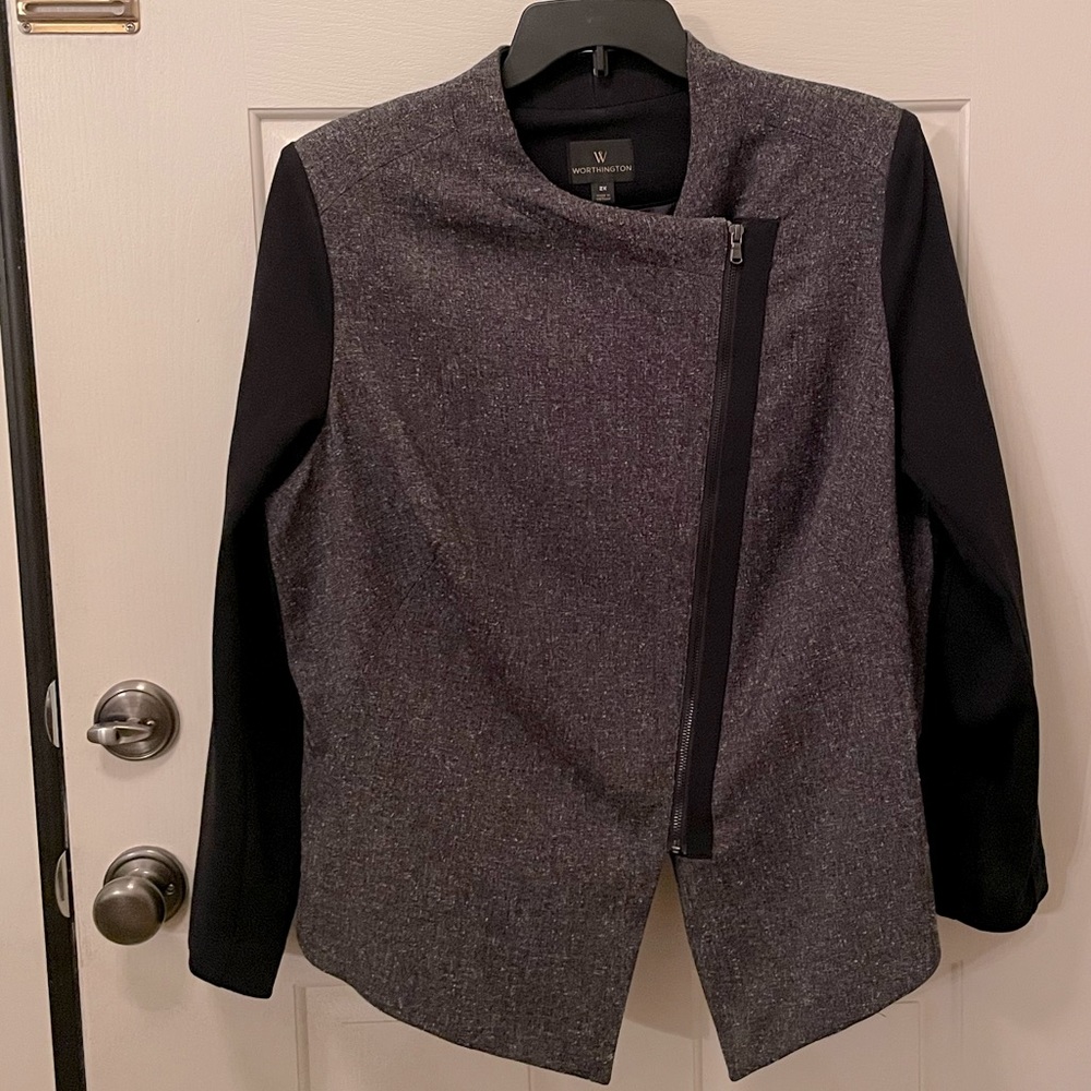 Worthington black/grey long sleeve tweed jacket diagonal zipper